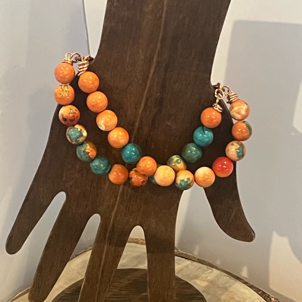 Jasper Stone & Floral Charm Beaded Bracelet - Picture 2 of 3